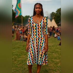 Melissa Masse Medium Hippie Festival Bold Midi Dress Flowy 90s Y2k V Neck Artsy
